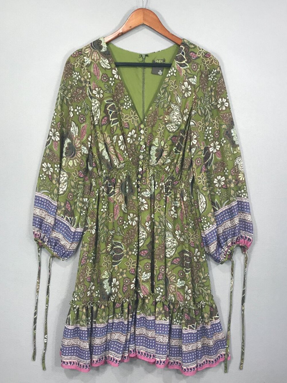 Taylor Dress Women's 8 Green Pink Floral Boho Zip V-Neck Midi Lined Balloon LS